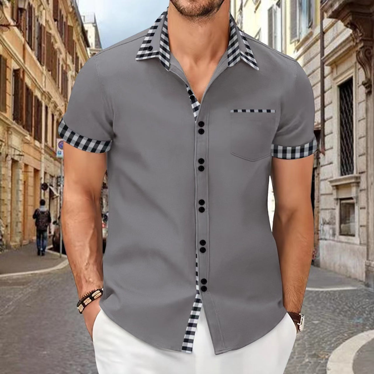 Men's Shirt Casual Pocket Stitching Contrast Color Top Brit Style