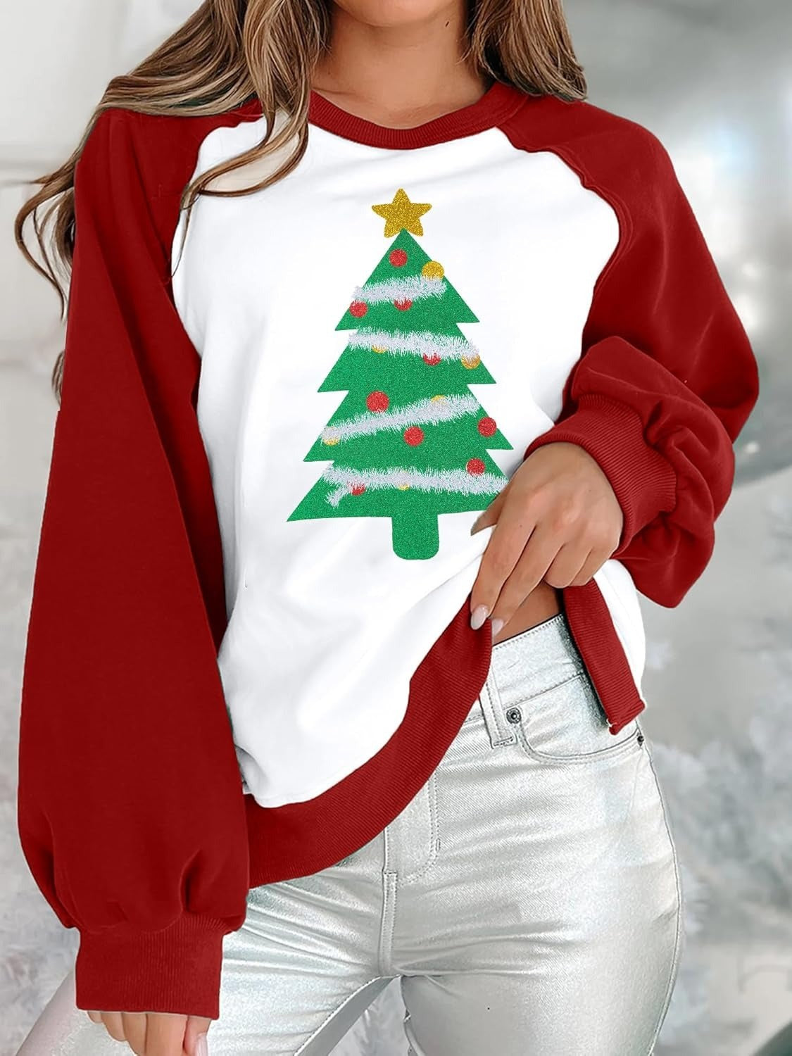 Women's Loose Fashion Round Neck Raglan Sweater European And American Christmas Digital Printing Brit Style