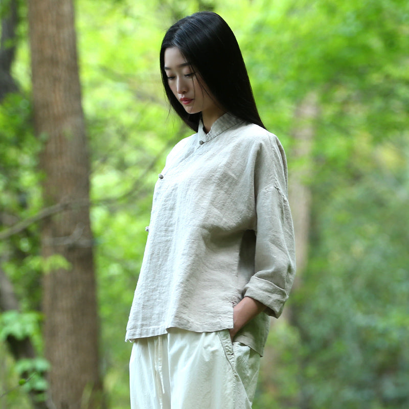 Hemp Plain Buttoned Top High Quality Retro Chinese Style Zen Tea Clothes Women Brit Style