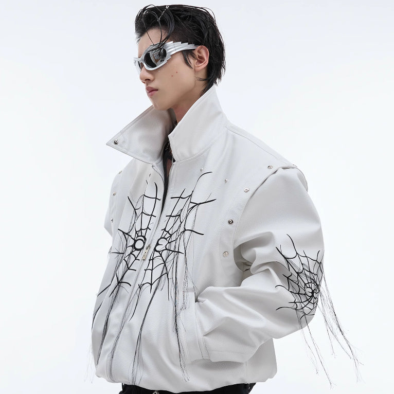 Niche Spider Web Tassel Design Motorcycle Leather Coat Brit Style