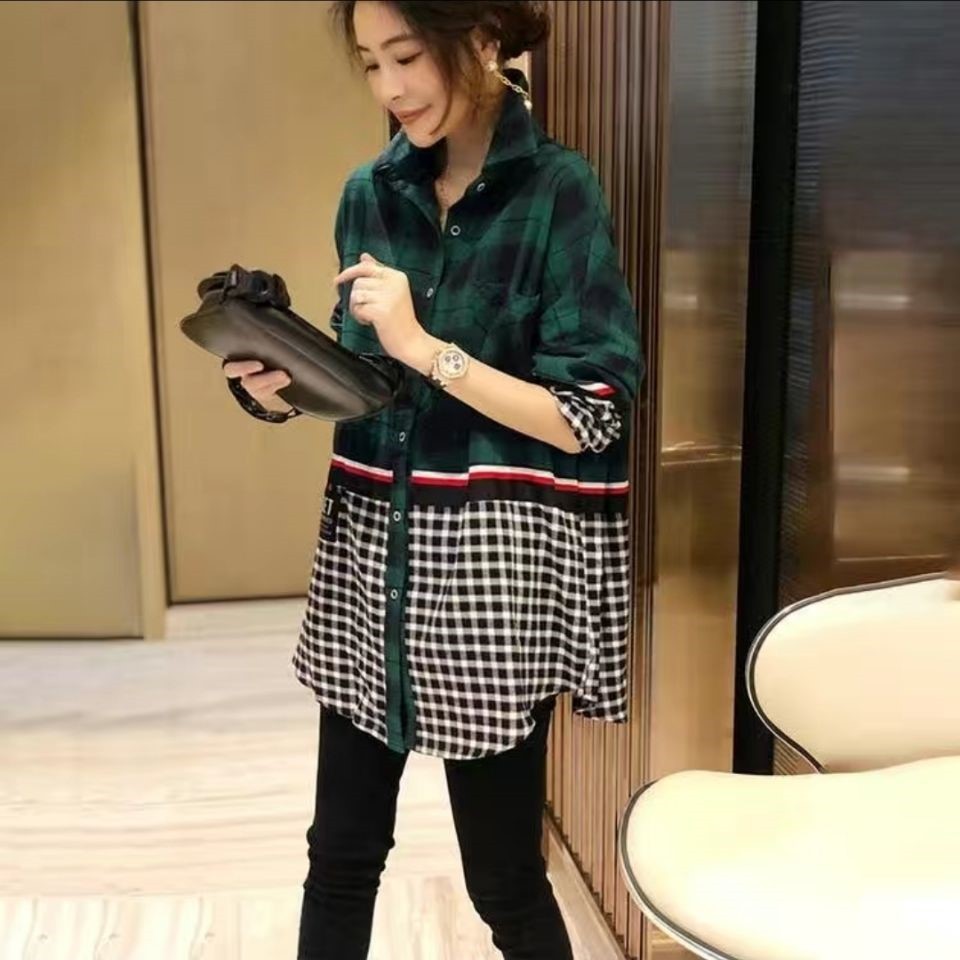 Stitching Plaid Shirt Women Fake Two-piece Tops Tide Western Style Brit Style