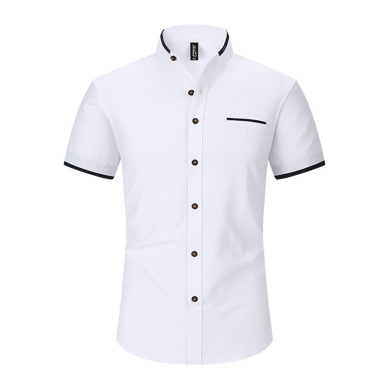 Stand Collar Men's Short Sleeve Shirt Brit Style