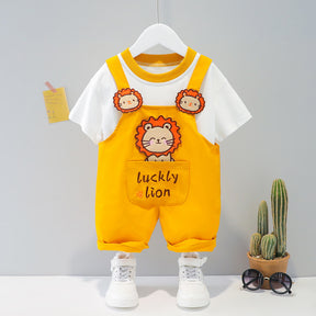 Children's Clothing Men And Women Baby Summer Cartoon Short-sleeved Overalls Brit Style