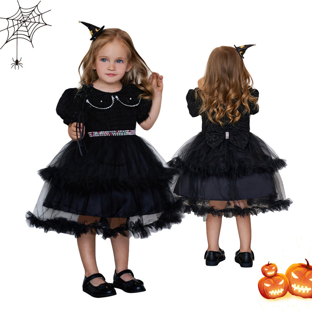 Girls' Fashion Halloween Mesh Stitching Puff Sleeve Dress Brit Style