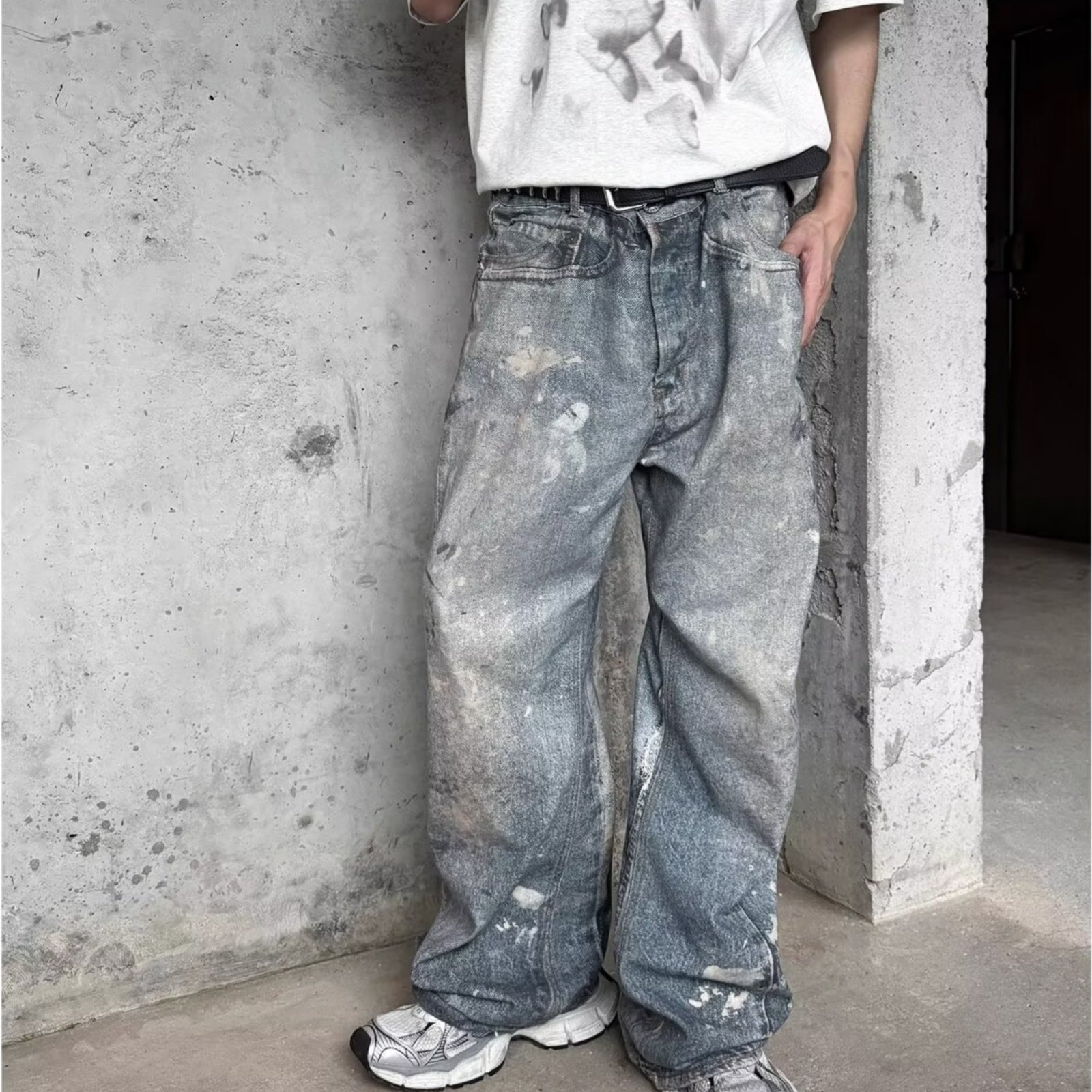 Washed Distressed Printed Denim Men's Straight Loose Long Pants Brit Style