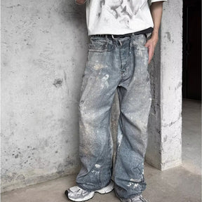 Washed Distressed Printed Denim Men's Straight Loose Long Pants Brit Style