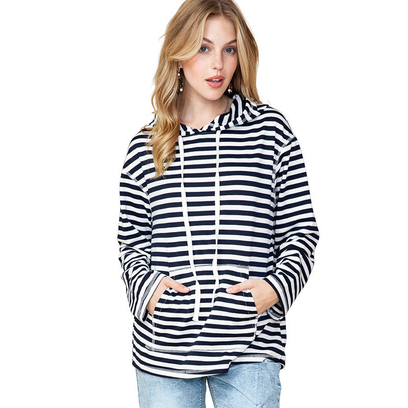 Shiying Striped Hooded Sweater Women's Autumn Fashion Loose-fitting Long Sleeves Top Brit Style