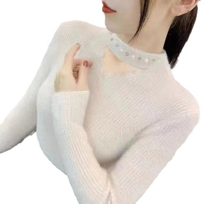 Lace Collar Hollow-out Rhinestone Pullover Sweater Brit Style