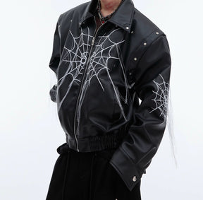 Niche Spider Web Tassel Design Motorcycle Leather Coat Brit Style