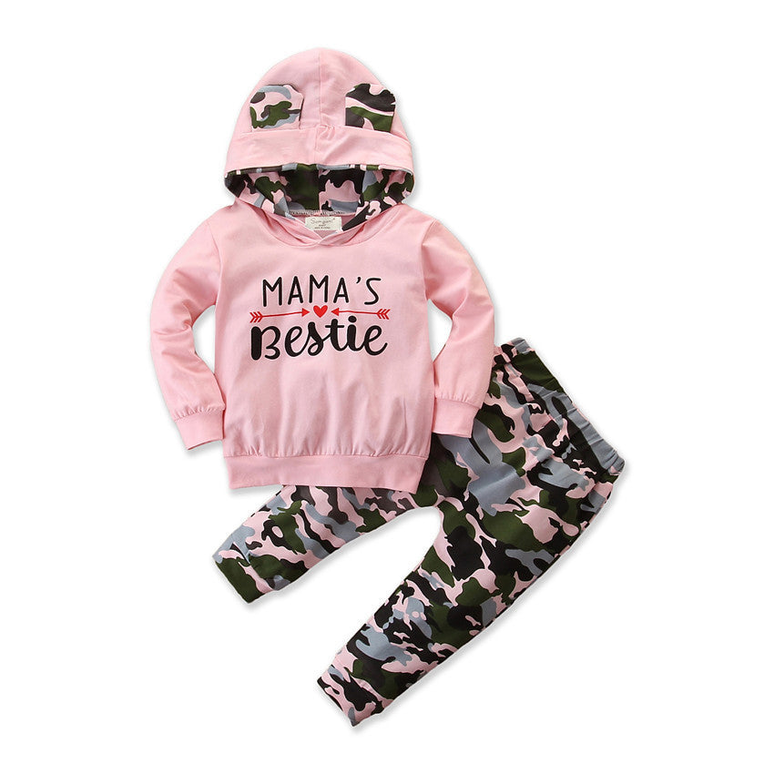 Girls Spring And Autumn Hooded Sweater Small Suit Ins Type Female Baby Camouflage 2 Piece Set Brit Style