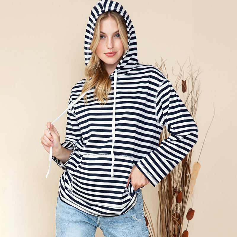 Shiying Striped Hooded Sweater Women's Autumn Fashion Loose-fitting Long Sleeves Top Brit Style