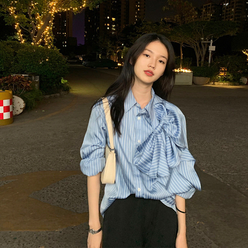 Casual Blue Striped Shirts For Women Lapel Long Sleeve Korean Bowknot Patchwork Blouses Brit Style