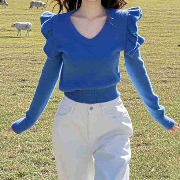 Atmosphere Ruffled Collar Klein Blue Sweater Brit Style