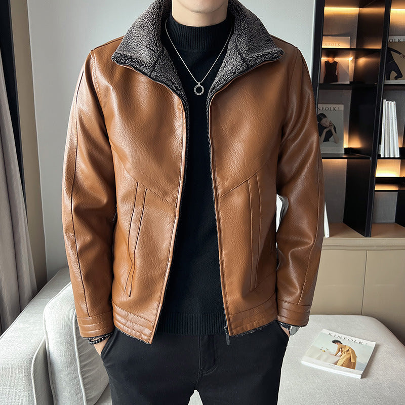 Hong Kong Style Velvet Padded Plus Size Men's Leather Jackets Brit Style