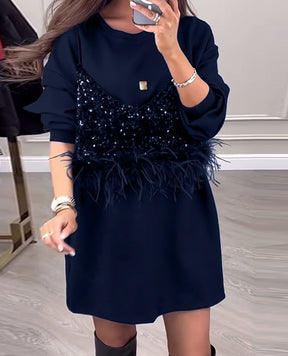 Round Neck Sequins Stitching Feather Dress Women's Clothing Brit Style