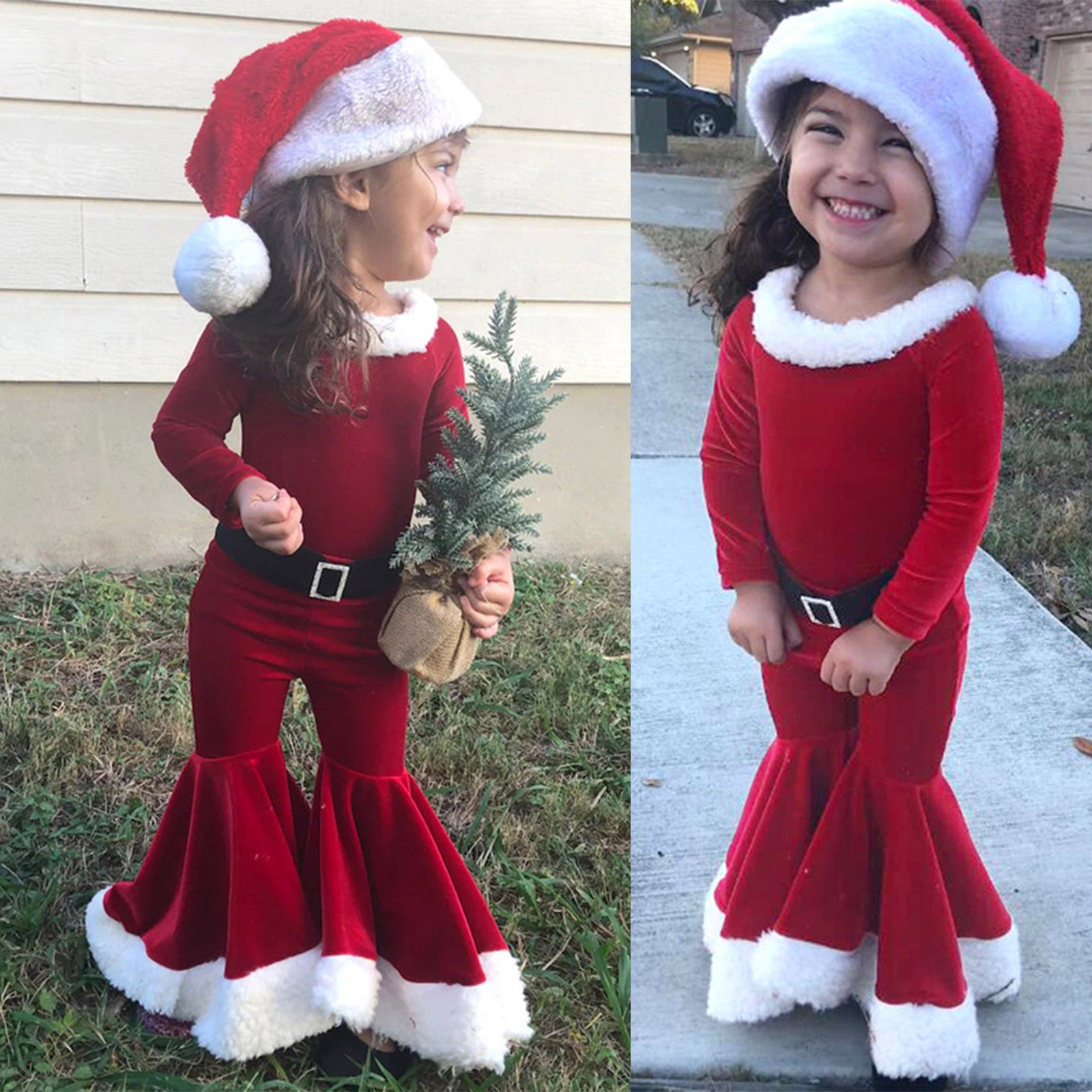 Winter Christmas Long-sleeved Shirt Bell Bottoms Hat Three-piece Children's Clothing Brit Style