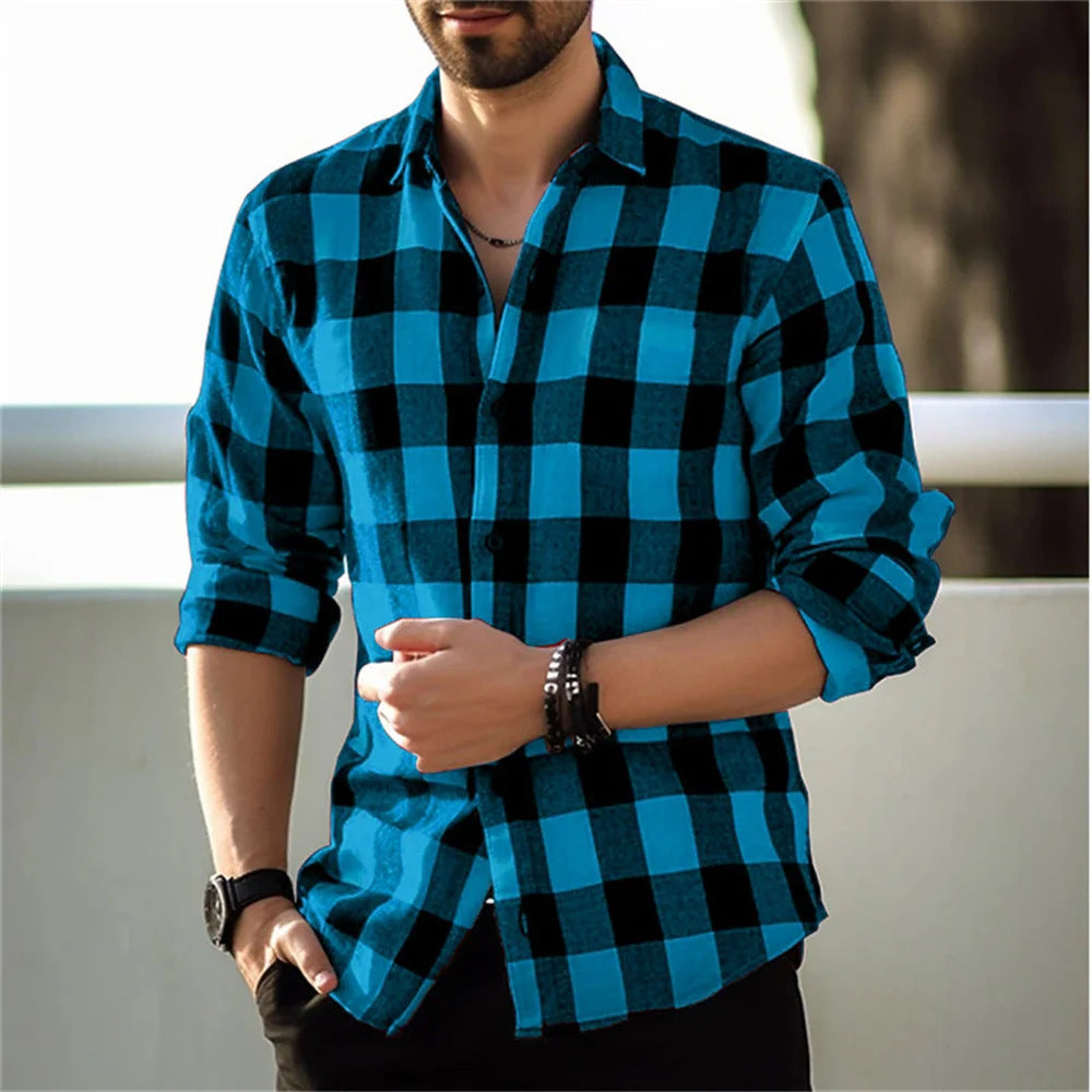 European And American Long Sleeve Loose 3D Personalized Printed Plaid Design Striped Shirt Brit Style