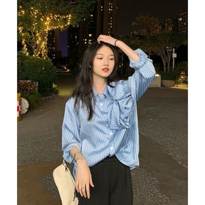 Casual Blue Striped Shirts For Women Lapel Long Sleeve Korean Bowknot Patchwork Blouses Brit Style