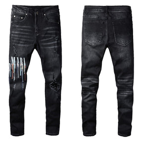 Dazzling Color Letters Black Men's Jeans Brit Style