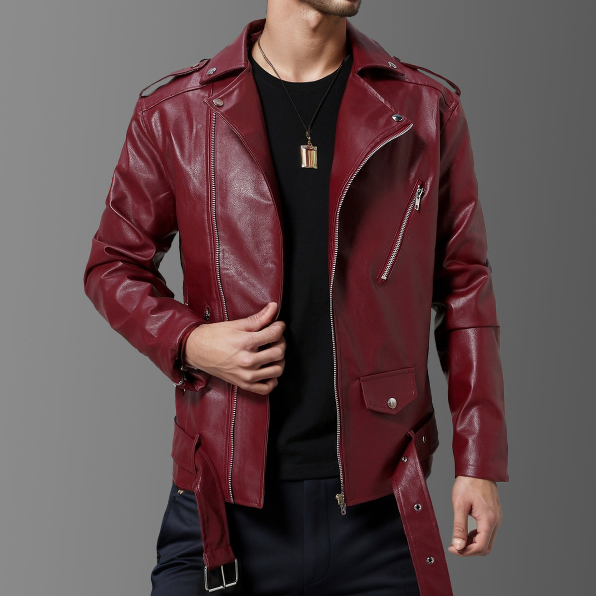 Slim-fit Lapel Leather Jacket Brit Style