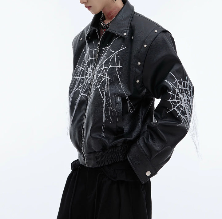 Niche Spider Web Tassel Design Motorcycle Leather Coat Brit Style