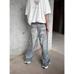 Washed Distressed Printed Denim Men's Straight Loose Long Pants Brit Style