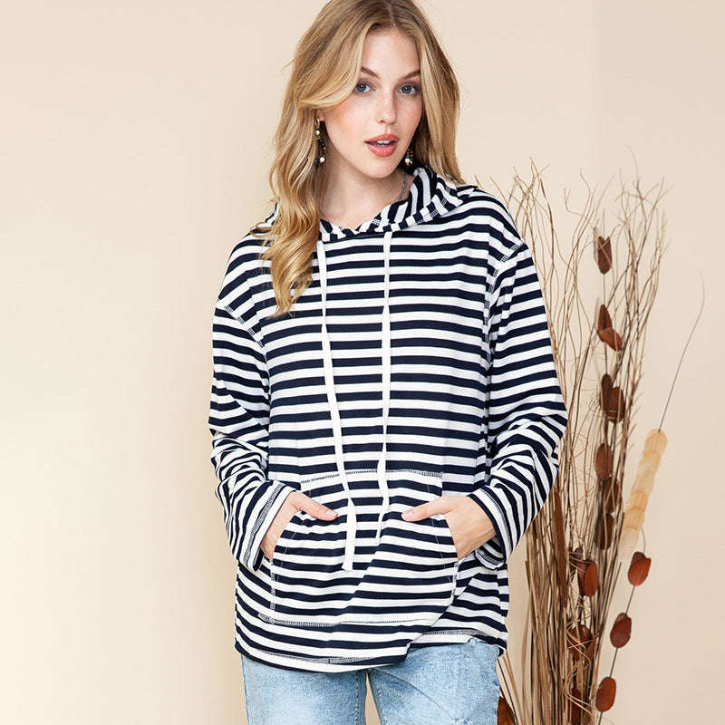 Shiying Striped Hooded Sweater Women's Autumn Fashion Loose-fitting Long Sleeves Top Brit Style