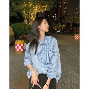 Casual Blue Striped Shirts For Women Lapel Long Sleeve Korean Bowknot Patchwork Blouses Brit Style