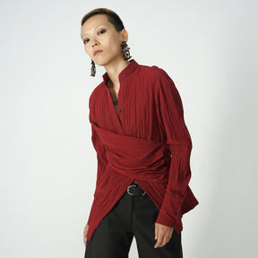 Women's Wrinkled Irregular Waist V-neck Long-sleeved Shirt Brit Style