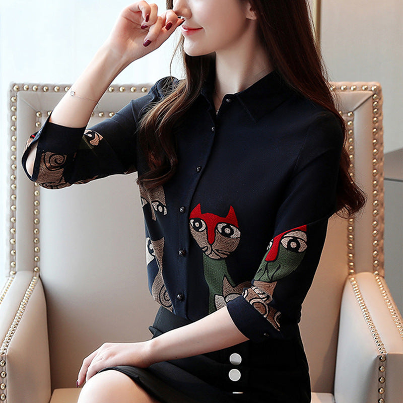 Spring And Autumn Vintage Cat Print Chiffon Shirt Brit Style