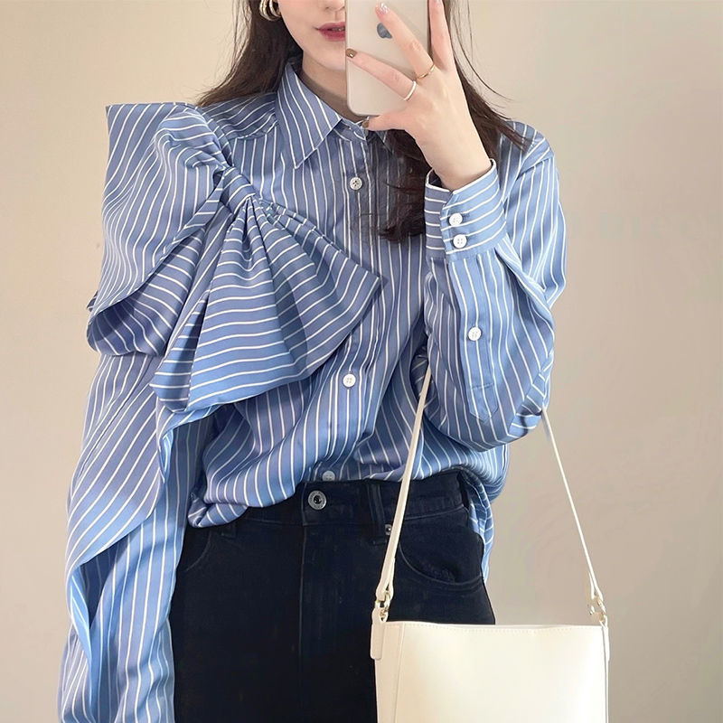 Casual Blue Striped Shirts For Women Lapel Long Sleeve Korean Bowknot Patchwork Blouses Brit Style