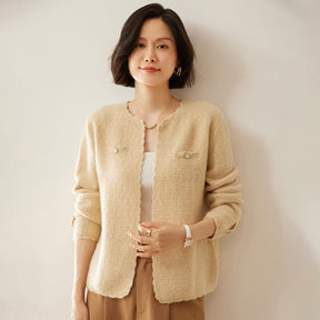 Women's Cashmere Cardigan Chanel Coat Loose Knitted Outerwear Round Neck Long Sleeve Brit Style