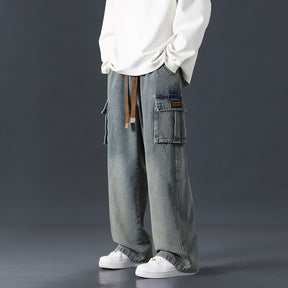 Loose Straight Wide-leg Pants Draping Gradient Washed Jeans For Men Brit Style