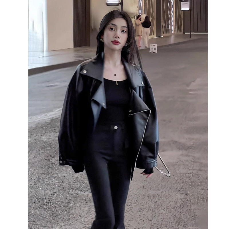 Casual Loose Small Plus Size Black Leather Coat Brit Style