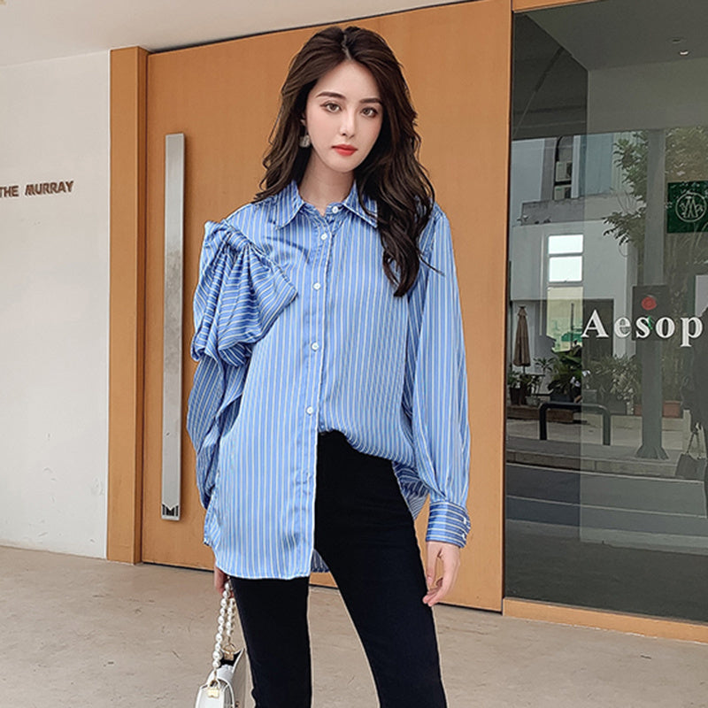 Casual Blue Striped Shirts For Women Lapel Long Sleeve Korean Bowknot Patchwork Blouses Brit Style