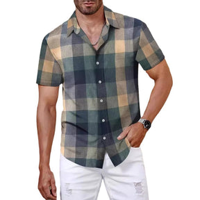 Plaid Shirt Men's Short Sleeve Fashion Korean Style Green Brit Style