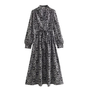 Women's French Style Temperament Floral Print Waist-controlled Slimming Long Sleeve Dress Brit Style