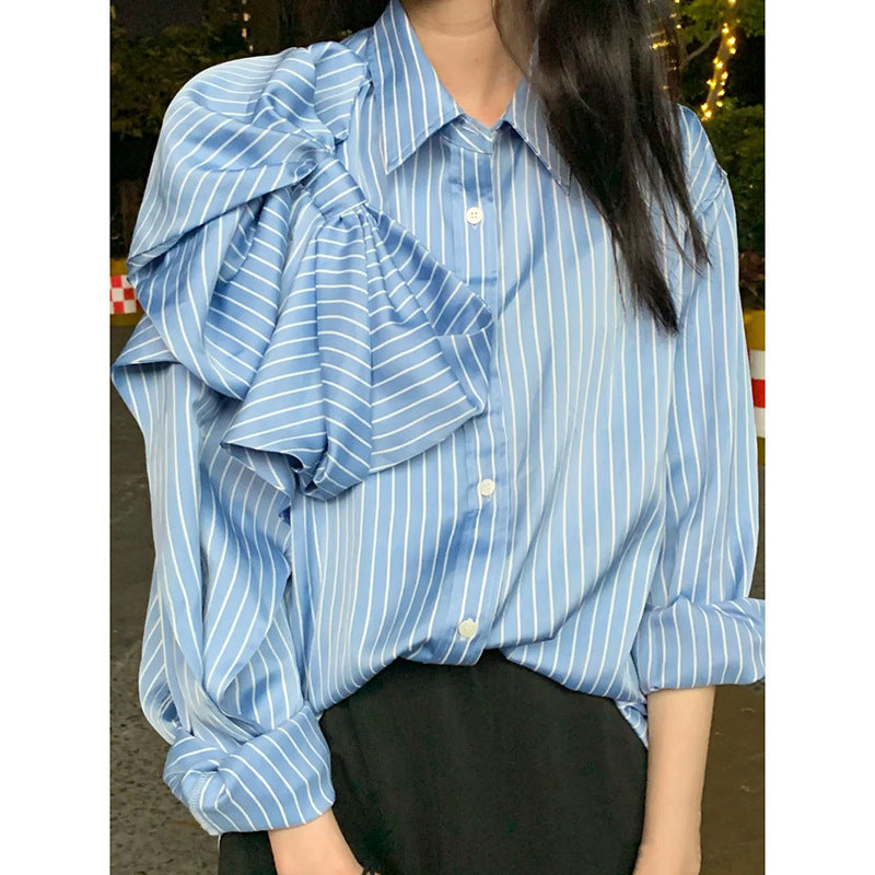 Casual Blue Striped Shirts For Women Lapel Long Sleeve Korean Bowknot Patchwork Blouses Brit Style