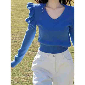 Atmosphere Ruffled Collar Klein Blue Sweater Brit Style