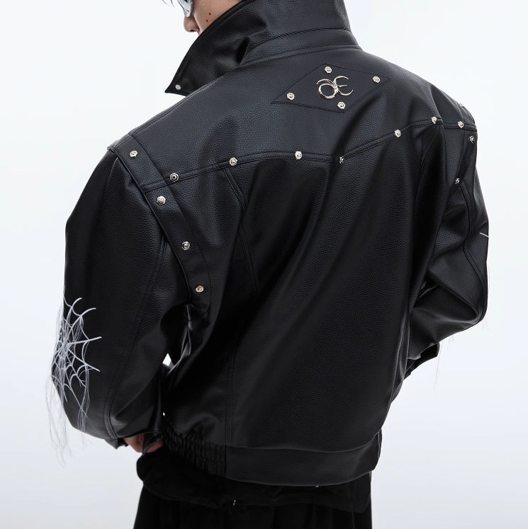 Niche Spider Web Tassel Design Motorcycle Leather Coat Brit Style