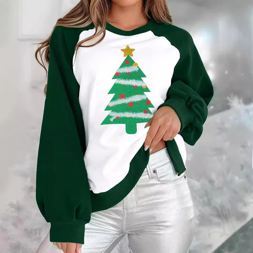 Women's Loose Fashion Round Neck Raglan Sweater European And American Christmas Digital Printing Brit Style