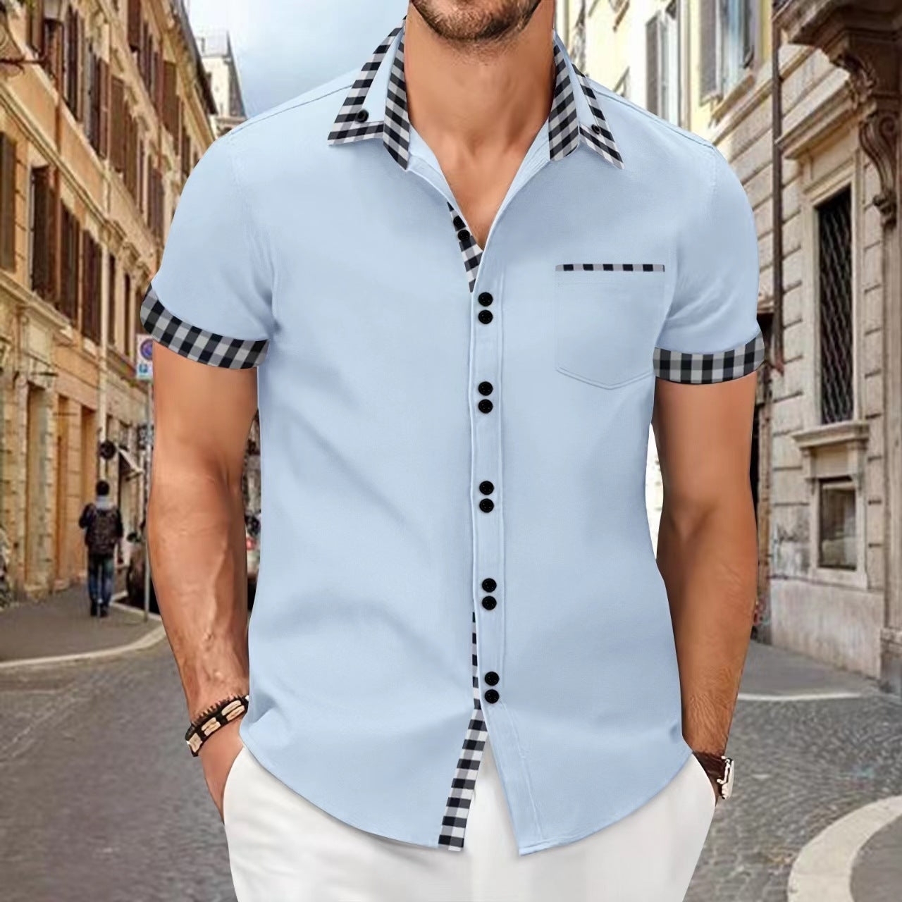 Men's Shirt Casual Pocket Stitching Contrast Color Top Brit Style