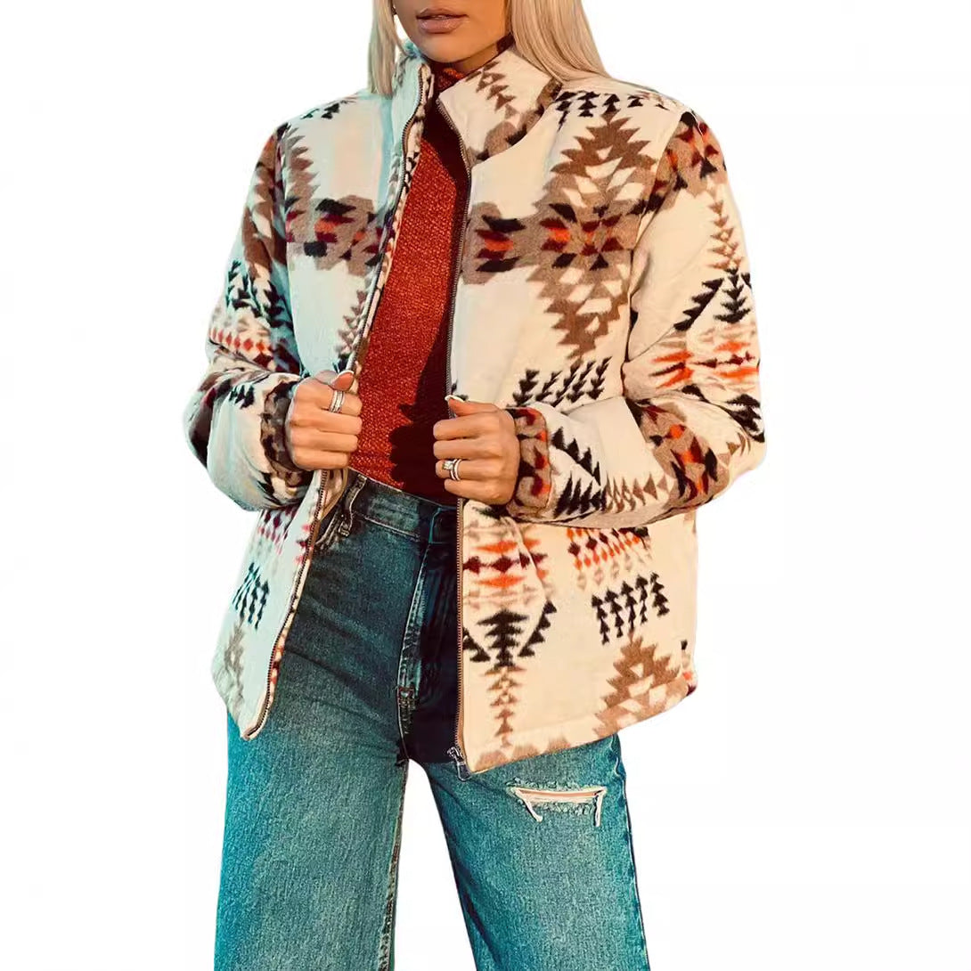 Western Geometric Print Women's Jacket Thickening Thermal Stand Collar Coat Brit Style