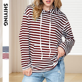 Shiying Striped Hooded Sweater Women's Autumn Fashion Loose-fitting Long Sleeves Top Brit Style