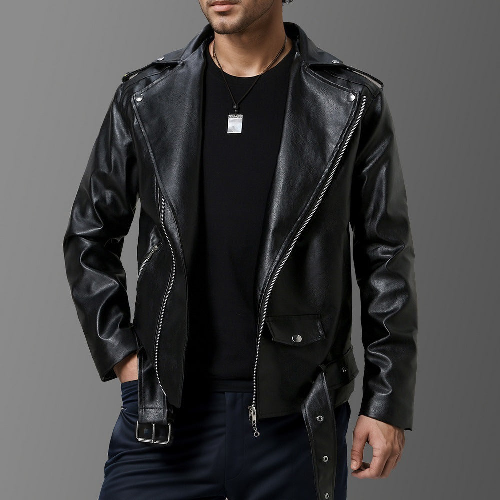 Slim-fit Lapel Leather Jacket Brit Style