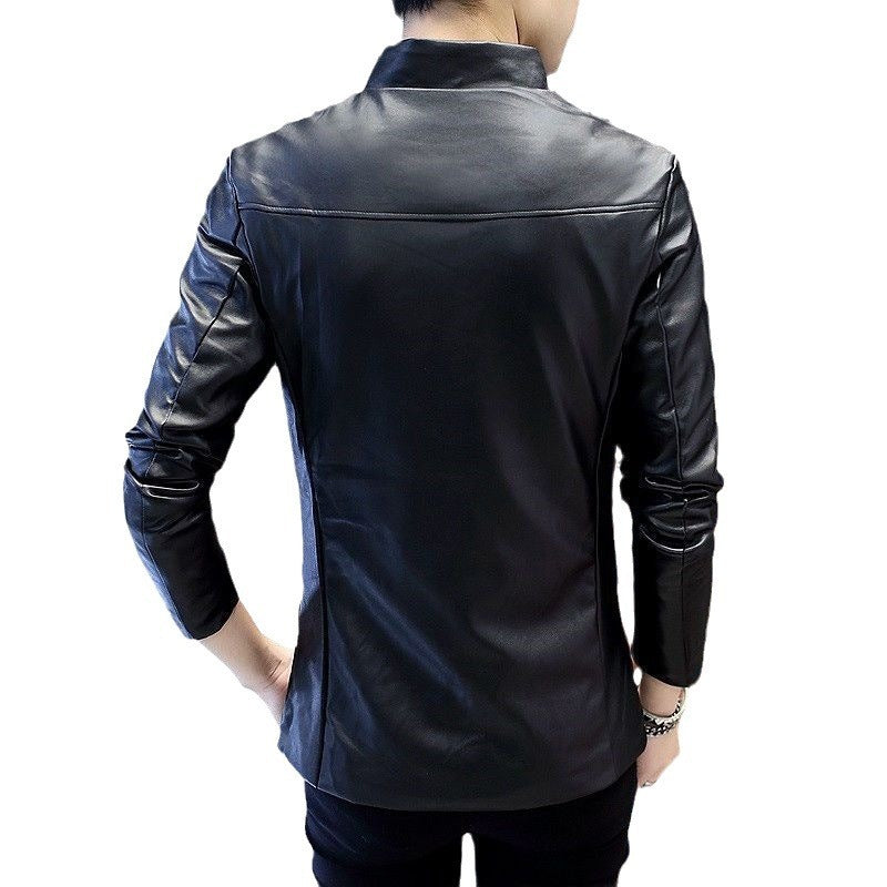 Slim Trendy Youth Stand Collar Leather Jacket Coat Brit Style