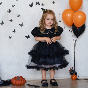 Girls' Fashion Halloween Mesh Stitching Puff Sleeve Dress Brit Style