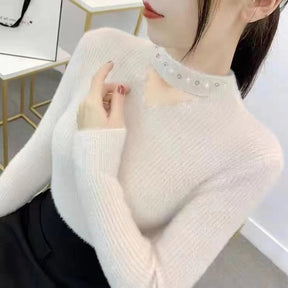 Lace Collar Hollow-out Rhinestone Pullover Sweater Brit Style