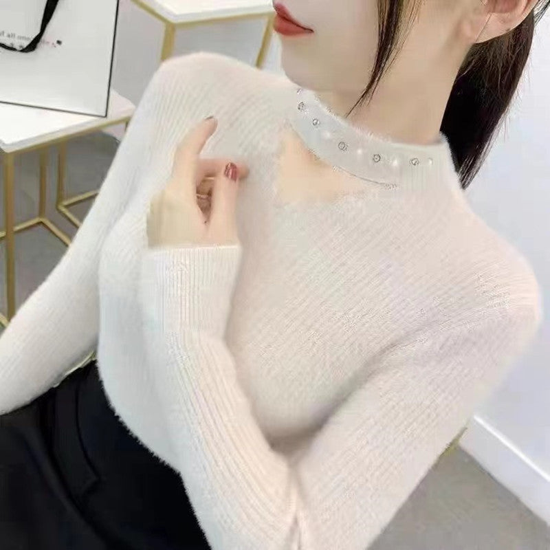 Lace Collar Hollow-out Rhinestone Pullover Sweater Brit Style