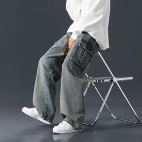 Loose Straight Wide-leg Pants Draping Gradient Washed Jeans For Men Brit Style